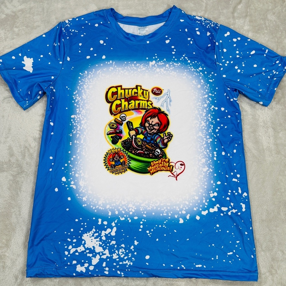 Pals Chucky Charms Shirt Mens Medium Horror Cereal Graphic Tee Blue Splatter